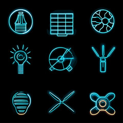 Poster - Neon Icon Set with Energy, Tech, and Industry Symbols on Black Layout