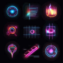 Poster - Neon Glowing Shapes on Dark Background, Abstract Technology and Science