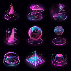 Poster - Neon Glowing Geometric Shapes on Black Background, Abstract Technology Concept
