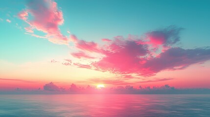 Poster - The sun dips below the horizon, casting brilliant shades of pink and blue across the sky. Wispy clouds create a stunning backdrop for the tranquil ocean waters