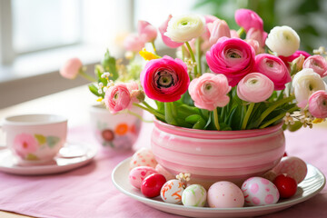 Poster - Colorful spring flowers and decorated eggs create a festive Easter table setting
