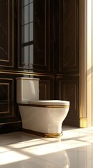 Aufkleber - This cozy bathroom features dark brown walls adorned with molding, complemented by immaculate white tiles. Afternoon sunlight streams through the window, enhancing the space's elegance