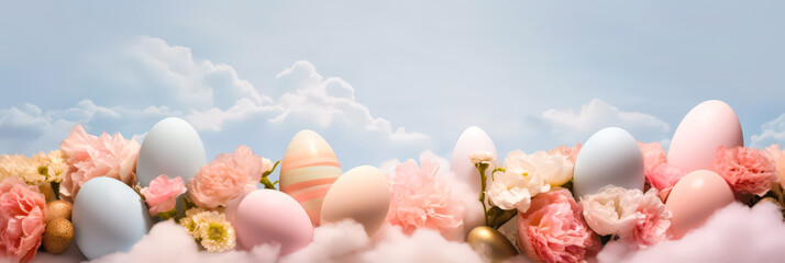 Poster - Colorful Easter eggs arrange in a delicate floral display beneath a clear, sunny sky