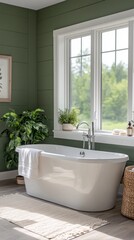 Poster - A serene bathroom features dill green walls that evoke calmness, complemented by natural light streaming through windows. Potted plants and plush towels enhance the spa-like atmosphere