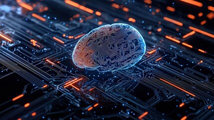 Poster - A digital brain representing AI innovation surrounded by circuits.