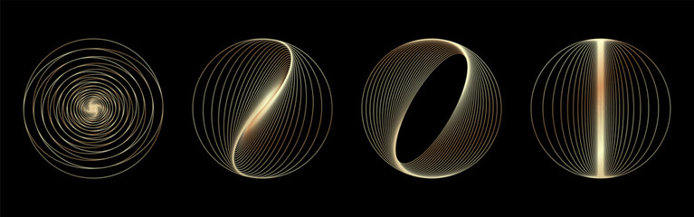 Golden round circle elements in line art style. Abstract gradient geometric shapes