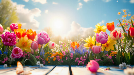 Poster - Colorful flowers bloom under a bright sun in a garden during springtime
