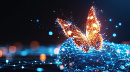 Poster - A digital butterfly emerging from a futuristic cocoon made of holographic threads.