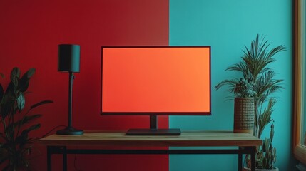 Poster - A bright, blank computer monitor sits on a wooden table against two contrasting wall colors, red and teal, with plants adding life and vibrancy to the workspace