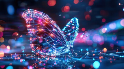 Poster - A digital butterfly emerging from a futuristic cocoon made of holographic threads.