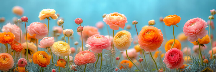 Poster - Colorful ranunculus flowers blooming in a sunny garden during springtime