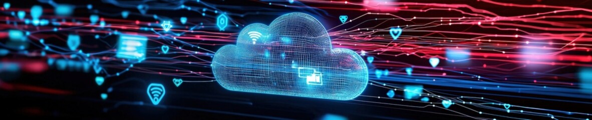 Poster - A digital cloud with icons representing global data exchange.