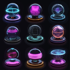 Poster - Abstract Spheres Glowing with Neon Cyberpunk Tech on Stands Dark Background
