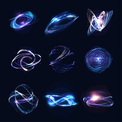 Poster - Set of nine abstract glowing energy plasma shapes against a dark background.