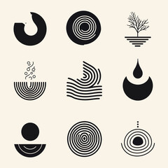 Poster - Abstract Black Shapes Collection on Beige Background - Nature and Water