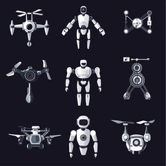 Poster - Assorted Robots and Drones on Dark Background Showcasing Future Tech