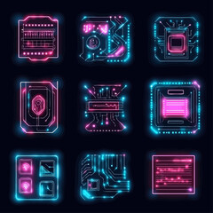 Poster - Neon Outlines Microchips Against Black Backdrop, Technology Concept, Icons