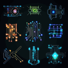 Poster - Neon Circuit Board Technology Glows on Dark Background.