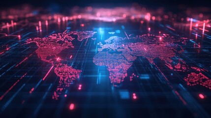 Poster - Digital world map with glowing lines and data streams