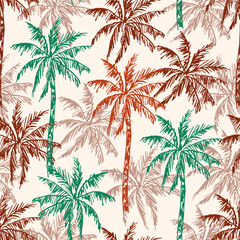 Tropical vector seamless pattern. Colored palm trees on a light background. Print for Hawaiian shirt, beachwear, summer vacation.