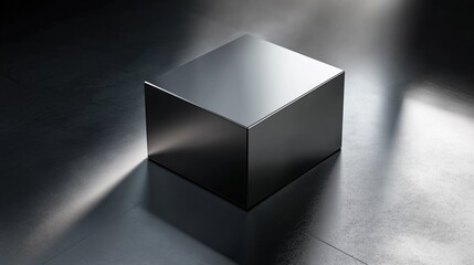 Fototapete - Minimalist 3D rendering of a gray cube on a black background with high contrast lighting. Geometric shape with clean lines and static composition, emphasizing depth and shadow in a modern abstract sty