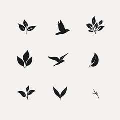 Poster - Birds in Flight and Leafy Sprigs Elegant Botanical Vector Design Set