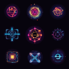 Poster - Neon Geometric Shapes Glowing Orbs on Dark Background Future Technology