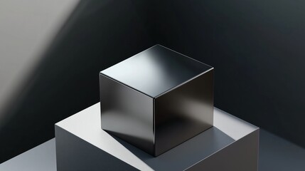 Fototapete - Minimalist 3D rendering of a gray cube on a black background with high contrast lighting. Geometric shape with clean lines and static composition, emphasizing depth and shadow in a modern abstract sty