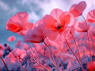Wall Mural - dreamy poppy meadow bathed in soft pink light under a serene sky