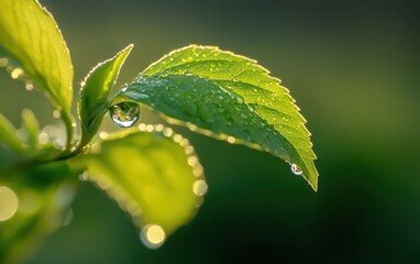 Wall Mural - A close-up of a dewdrop on a new green leaf, glistening in the soft morning light of early spring