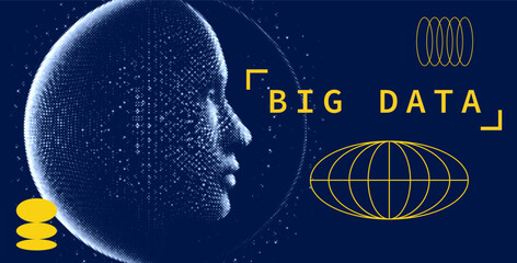 Poster - Futuristic illustration of a human head made of points, emphasizing the concept of big data with geometric shapes on a dark blue background, symbolizing technology and analysis.