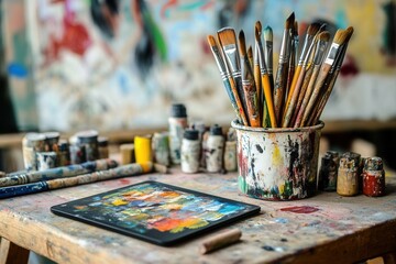 Poster - Creative tools scattered across an artistic workspace with brushes, pencils, and digital tablets arranged for creative expression