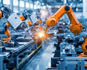 Poster - A factory with robots working alongside humans in perfect harmony.