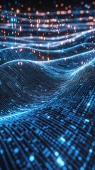 Poster - abstract digital waves with glowing particles in dark background