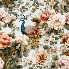 Poster - Seamless Radiant peacock surrounded by an abundance of colorful flowers in a stunning display of flora and exotic wildlife