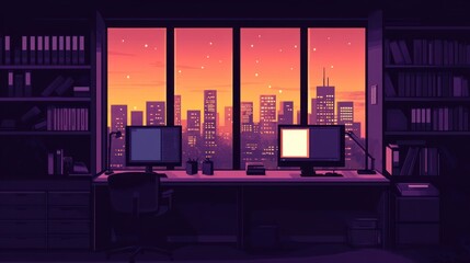 Poster - Night City Office View Sunset