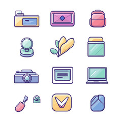 Poster - Assorted stationery items, including camera, laptop, and mail, in vectors