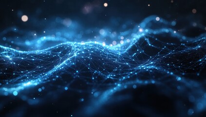 Poster - Abstract digital wave background with glowing particles and interconnected nodes representing data flow and futuristic technology concept