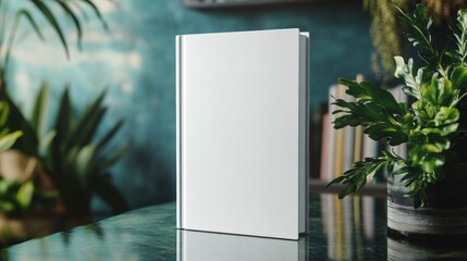 Aufkleber - A blank book cover mockup is elegantly positioned on a glossy table, surrounded by vibrant indoor plants. The soft focus background enhances the artistic charm of the scene