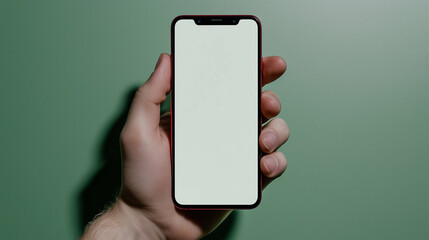 Poster - Smartphone in hand showcasing technology and mobile device held against green background displaying modern communication and digital lifestyle with blank screen for content insertion