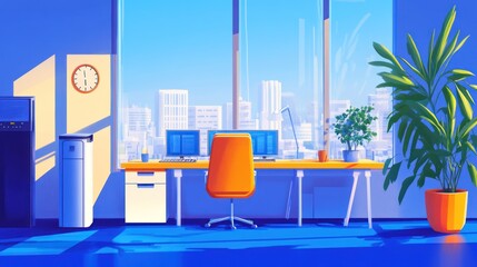 Poster - Sunny office interior with city view. Possible use Stock photo for office spaces, work environments, or design inspiration