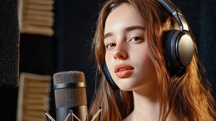 Poster - A close-up of a woman wearing headphones, speaking into a condenser microphone with animated sound waves