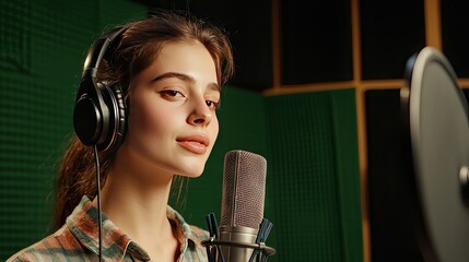 Poster - A close-up of a woman wearing headphones, speaking into a condenser microphone with animated sound waves