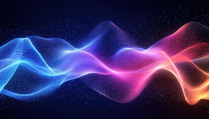 Poster - Abstract wave design with glowing particles in blue, purple, pink, and orange colors against a dark background for digital art and technology themes