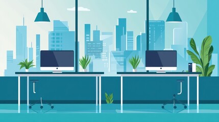 Poster - Modern office interior, city view, minimalist design, workspace, professional, productivity