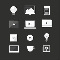 Poster - Minimalist Tech Icons Set: Computer, Laptop, Tablet, Bulb, and Wifi Symbols