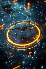 Poster - a futuristic delivery drone landing on a glowing smart pad in a high-tech city.