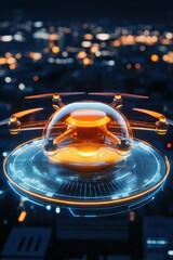Poster - a futuristic delivery drone landing on a glowing smart pad in a high-tech city.