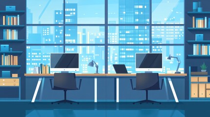 Poster - Modern office with city view, work desks, and bookshelves.  Possible use Stock photo