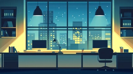 Poster - Night office view, cityscape, computers, desk
